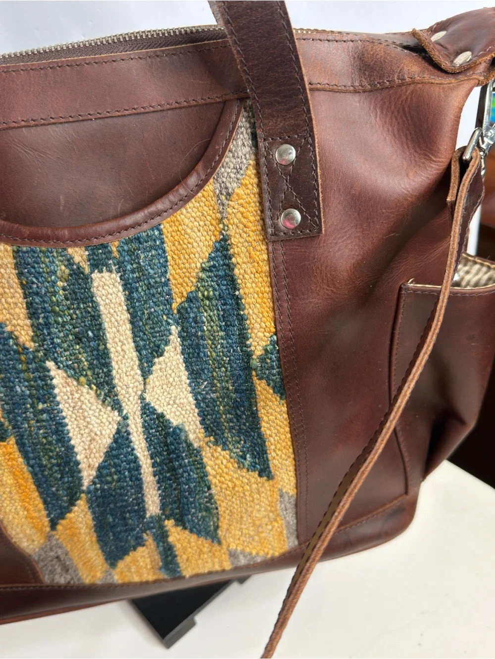 Western Look Convertible Brown Leather Tote with cross stitch Geo. Front Tote